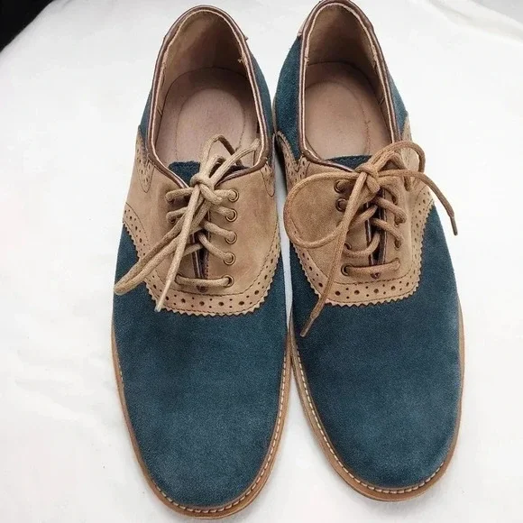 Land's End Mens Tan Leather and Blue Suede Lace Shoes Size 9 - Picture 12 of 14
